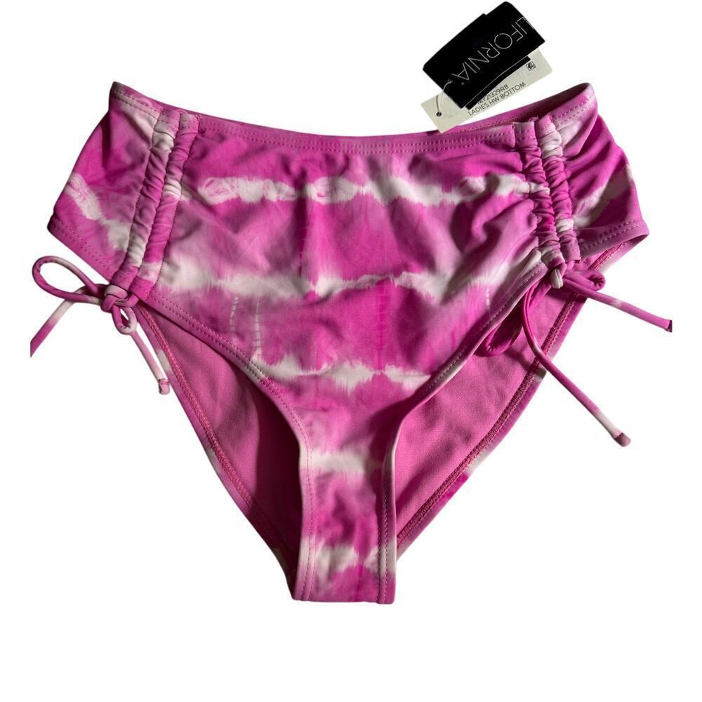 NWT California Waves tie-dyed pink and white high waisted cheeky ruffled bottom